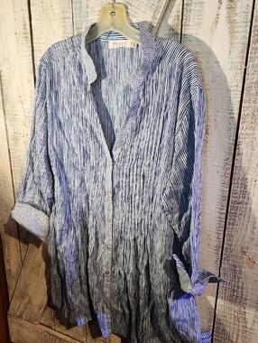 BLUTHREADS  XL  Sheer Cotton Blouse Beach Vacay Cruisewear Blue And Gray